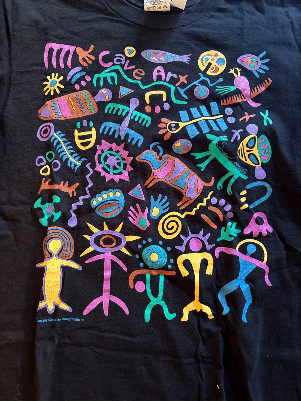 Black Short Sleeve Tee with Multicolor Cave Art Graphic - Picture 1 of 6